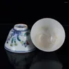 Copos de vinho 3 "China Ming Doucai cores contrastantes porcelana borboleta flor grama copo par