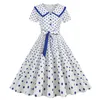 Casual Dresses Summer Retro Vintage Rockabilly Dress Short Sleeve White Blue 80s 90s Polka Dots A Line Swing Women ElegantSummer