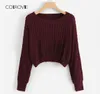 Colrovie Burgundy żebrowane swobodne strzały sweter w 2018 r. Jesienne dzianiny streetwear pullover jumper dziewczęta swetry kobiety ubrania 1128740