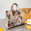 2024 new Shoulder Floral Bag Beach Tote Bag Women Handbag Purse Coated Canvas Leather Trim Hydrangea Print Large Capacity
