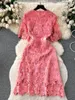 Party Dresses Summer Elegant Flower Embroidery Water Soluble Lace Dress Women Short Sleeve O-Neck High Waist Hollow Out Midi Vestidos