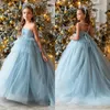 Girl Dresses Blue Tulle Flower For Wedding With Bow Long Train Children First Communion Princess Party Dress Ball Gown