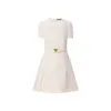 New Women Pleated Skater Dress Short Sleeve with Buckle Spring Skirts Round Neck White Dress Pleated Details Mini Dress High Waist Slim Dress High Quality Women dress