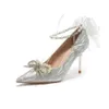 Модельные туфли с острым носком для вечеринок, модная тканевая резиновая подошва, обувь на очень высоком каблуке для свадьбы, женские женские сапоги