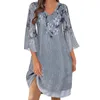 Casual Dresses Spring and Summer Women V Neck Three Quarter Sleeved Chiffon Print Double Layer Dress for Retro Floral