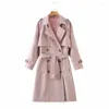 Jaquetas femininas mulheres outono moda rosa longo outwear com cinto agradável elegante senhora duplo breasted solto casaco streetwear femme veste