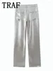 Pantaloni da donna in ecopelle satinata per donna a vita alta Pantaloni da donna argento eleganti autunno inverno larghi casual larghi