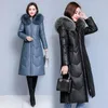 Kvinnors läder Haining Coat Down Jacket 2024 Winter Slim Fit Slimming Päls krage Huva i mitten av bomullspadde