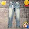 Spliced Mens Hop Designers Hip Flared Jeans Distressed Ripped Slim Fit Motorcycle Biker Denim Trousers Mans Streetwear Washed Purple Pants