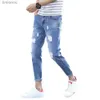 Mäns jeans koreansk stil mid-rise-dragkedja flugfickor män smala passande mager jeans rippade hål smala fit denim pants streetwearl240119