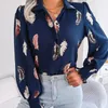 Blouses pour femmes Femmes Casual Plume Imprimer Collier Chemise à manches longues Blanc Rose Bleu Dames colorées et élégantes