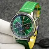 자동차 스타일 시계 남자 녹색 쿼츠 크로노 그래프 움직임 브라운 가죽 스트랩 손목 시계 42mm 스틸 케이스 신사 시계