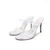 Slipare 2024 Summer Women Slides Transparent PVC Band Formal Dress Pumps Silver High Heels Lady Prom Zapatos Femininos
