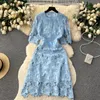 Partykleider Sommer Elegante Blumenstickerei Wasserlösliches Spitzenkleid Frauen Kurzarm Oansatz Hohe Taille Aushöhlen Midi Vestidos