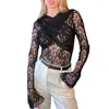 Mulheres Camisetas Preto Manga Longa Top Encantador Slim Fit Lace Flor Bordado See-through Camisa Party Bottoming Sexy