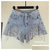 Women'S Jeans Womens Heavy Rhinestone Fringed Hole Shorts Female High Waist Summer Fashion Wide Leg Denim Drop Delivery Apparel Cloth Dh5Fm