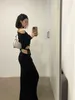 Work Dresses Sexy One Shoulder Knitted Long Sleeve T-shirt For Women High Waist Lace Up Slim Fit Bodycon Skirts Black Two Piece Sets