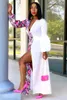 Casual Dresses LFRVZ 2024 Top Quality Patchwork Chiffon Sexig Holiday Deep V-Neck Full Sleeve Shirt Style Women Long Spit A-Line Dress