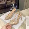 Sandali da donna con tacco alto in cristallo champagne argento con fiocco basso e sottile punta a punta avvolta sul retro scarpe da sposa estive da sposa