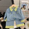 baby Clothing Sets 2pcs Girls Jean Coat Contrast Lapel Collar Long Sleeve One Breasted Denim JacketsElastic Waist Straight Jeans Kids Suits CHG2401197-12