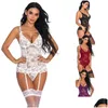 Dames nachtkleding Nieuwe dames nachtkleding Lingerie met bretels Kant en mesh Y Bloemen Sheer Lace-Up Teddy bodysuits op de rug Rood Wit B Dh1Bo