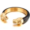 14k ouro amarelo leão cabeça aberta pulseiras para homens elástico ajustável pulseiras de couro meninos acessórios de mão jóias