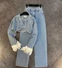 DEAT Autunno Nuovi Arrivi Manica lunga con nappa Bottone singolo Giacca corta in denim Vita alta Jeans completi Set due pezzi Donna MK359 2011195022585