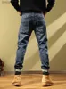 Mäns jeans jeans för män skarvade manliga cowboybyxor raka motorcykelbyxor mager tätt rör smal passform regelbunden koreansk stil tvättad softl240119