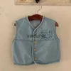 Weste 2023 Herbst neue Baby Ärmel und Denim Weste Solid Kleinkind Junge süße Taschenweste Jacke LDREN Casual Coat Säuglingsmädchen Weste H240508