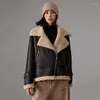 Veste de luxe en cuir et fourrure mérinos pour femme, manteau d'hiver intégré, court, taille haute, chaud, en peau d'agneau véritable pour moto