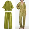 Women's Pants Women Suit Linen Pajama Vintage High-waist Elastic Drawstring Casual Straight Leg Wide Sleeve Shirt Set