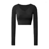 Active Shirts Femmes Super Élastique Serré Yoga Respectueux de La Peau Fitness Entraînement Hauts De Sport Sexy Plissé Col en V T-Shirts À Manches Longues