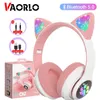 Cuffie VAORLO Lampada Flash Orecchie di gatto carine Cuffie Bluetooth5.0 Stereo con supporto per microfono Scheda TF Wireless Auricolare per bambini Ragazza Regalo di compleanno