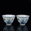 Copos de vinho 3 "China Ming Doucai cores contrastantes porcelana borboleta flor grama copo par