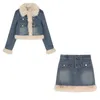 Women's Jackets 2024 Winter High Street Contrast Color Plush Splicing Long-sleeved Jacket Women Sexy Slim Denim Skirt Two-piece Suit