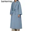 Maxmaras Coat Cashmere Designer Manuela Top Quality Sky Blue Wool Long Lace Up