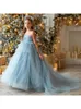 Girl Dresses Blue Tulle Flower For Wedding With Bow Long Train Children First Communion Princess Party Dress Ball Gown