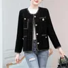 Kvinnans jackor 2024 Spring och Autumn Cardigan Round Neck Long Sleeve Solid Button Rands Pocket Place Plaid Elegant Fashion Coats