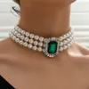 New Short Square Diamond Layered Pearl Necklace Fashionable and Elegant Three Layer Green Neckchain
