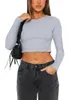 Mulheres Camisetas Mulheres Manga Longa Crop Tops Nervuras Malha Ruffle Casual Básico Equipado Tees Alface Trim Slim T-shirt Roupas na moda