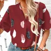 Blouses Femmes Été Plume Imprimer Femmes Blouse Mode Cranté Col En V Hauts Lâche Casual Manches Courtes Femme Chemise Vêtements Élégants Blusas