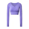 Active Shirts Femmes Super Élastique Serré Yoga Respectueux de La Peau Fitness Entraînement Hauts De Sport Sexy Plissé Col en V T-Shirts À Manches Longues