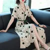 Vestidos de festa macio seda maxi longo praia vestido mulheres linhas de verão polka dot elegante com bowtie faixas v pescoço magro ajuste plus size vestidos