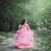 Sukienki dla dziewczynek różowy kwiat na wesele puszysty warstwowe marszczenia koronkowe suknie urodzinowe suknie przy imprezie urodzinowej