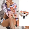 ملابس السباحة للسيدات نساء ملابس السباحة Y 2pcs بيكيني الأكمام الطويلة Sunsn محصول Swimsuit Leopard Polka Dot Tie Side Thong Bathi Dhysf