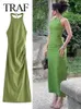 Casual Kleider 2024 Frauen Sexy Mantel Grün Oansatz Backless Ärmel Taste Zipper Weibliche Mode Elegante Mid-Kalb Kleid