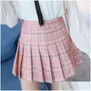 Gonne Kawaii Ragazze Stile giapponese Vita alta Plaid Gonna a pieghe Petto Carino Lolita Mini Uniformi corte Tartan scolastico Rosa Blu Goccia D Dhlqb