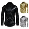 Men's Casual Shirts Men Checkered Shirt Shiny Glossy Club With Turn-down Collar Single-breasted Design For Stage Show Costume