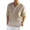 T-shirt da uomo T-shirt a maniche lunghe in lino Bottoni con scollo a V Camicia a mezza abbottonatura in cotone sciolto Taglie forti Abiti maschili Ropa Hombre