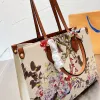 2024 new Shoulder Floral Bag Beach Tote Bag Women Handbag Purse Coated Canvas Leather Trim Hydrangea Print Large Capacity